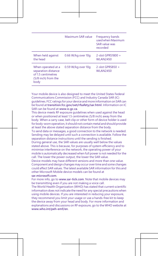 Maximum SAR value Frequency bandsused when MaximumSAR value wasrecordedWhen held againstthe head0.66 W/kg over 10g 2-slot GPRS1800 +WLAN2450When operated at aseparation distanceof 1.5 centimetres(5/8 inch) from thebody0.59 W/kg over 10g 2-slot GPRS850 +WLAN2450Your mobile device is also designed to meet the United States FederalCommunications Commission (FCC) and Industry Canada SAR (IC)guidelines. FCC ratings for your device and more information on SAR canbe found at transition.fcc.gov/oet/rfsafety/sar.html. Information on ICSAR can be found at www.ic.gc.ca.This device meets RF exposure guidelines when used against the heador when positioned at least 1.5 centimetres (5/8 inch) away from thebody. When a carry case, belt clip or other form of device holder is usedfor body-worn operation, it should not contain metal and should provideat least the above stated separation distance from the body.To send data or messages, a good connection to the network is needed.Sending may be delayed until such a connection is available. Follow theseparation distance instructions until the sending is finished.During general use, the SAR values are usually well below the valuesstated above. This is because, for purposes of system efficiency and tominimise interference on the network, the operating power of yourmobile is automatically decreased when full power is not needed for thecall. The lower the power output, the lower the SAR value.Device models may have different versions and more than one value.Component and design changes may occur over time and some changescould affect SAR values. The latest available SAR information for this andother Microsoft Mobile device models can be found atsar.microsoft.com.For more info, go to www.sar-tick.com. Note that mobile devices maybe transmitting even if you are not making a voice call.The World Health Organization (WHO) has stated that current scientificinformation does not indicate the need for any special precautions whenusing mobile devices. If you are interested in reducing your exposure,they recommend you limit your usage or use a hands-free kit to keepthe device away from your head and body. For more information andexplanations and discussions on RF exposure, go to the WHO website atwww.who.int/peh-emf/en.