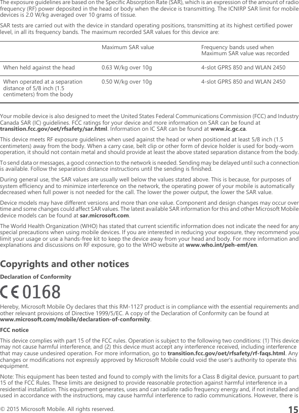 The exposure guidelines are based on the Specific Absorption Rate (SAR), which is an expression of the amount of radiofrequency (RF) power deposited in the head or body when the device is transmitting. The ICNIRP SAR limit for mobiledevices is 2.0 W/kg averaged over 10 grams of tissue.SAR tests are carried out with the device in standard operating positions, transmitting at its highest certified powerlevel, in all its frequency bands. The maximum recorded SAR values for this device are:Maximum SAR value Frequency bands used whenMaximum SAR value was recordedWhen held against the head 0.63 W/kg over 10g 4-slot GPRS 850 and WLAN 2450When operated at a separationdistance of 5/8 inch (1.5centimeters) from the body0.50 W/kg over 10g 4-slot GPRS 850 and WLAN 2450Your mobile device is also designed to meet the United States Federal Communications Commission (FCC) and IndustryCanada SAR (IC) guidelines. FCC ratings for your device and more information on SAR can be found attransition.fcc.gov/oet/rfsafety/sar.html. Information on IC SAR can be found at www.ic.gc.ca.This device meets RF exposure guidelines when used against the head or when positioned at least 5/8 inch (1.5centimeters) away from the body. When a carry case, belt clip or other form of device holder is used for body-wornoperation, it should not contain metal and should provide at least the above stated separation distance from the body.To send data or messages, a good connection to the network is needed. Sending may be delayed until such a connectionis available. Follow the separation distance instructions until the sending is finished.During general use, the SAR values are usually well below the values stated above. This is because, for purposes ofsystem efficiency and to minimize interference on the network, the operating power of your mobile is automaticallydecreased when full power is not needed for the call. The lower the power output, the lower the SAR value.Device models may have different versions and more than one value. Component and design changes may occur overtime and some changes could affect SAR values. The latest available SAR information for this and other Microsoft Mobiledevice models can be found at sar.microsoft.com.The World Health Organization (WHO) has stated that current scientific information does not indicate the need for anyspecial precautions when using mobile devices. If you are interested in reducing your exposure, they recommend youlimit your usage or use a hands-free kit to keep the device away from your head and body. For more information andexplanations and discussions on RF exposure, go to the WHO website at www.who.int/peh-emf/en.Copyrights and other noticesDeclaration of ConformityHereby, Microsoft Mobile Oy declares that this RM-1127 product is in compliance with the essential requirements andother relevant provisions of Directive 1999/5/EC. A copy of the Declaration of Conformity can be found atwww.microsoft.com/mobile/declaration-of-conformity.FCC noticeThis device complies with part 15 of the FCC rules. Operation is subject to the following two conditions: (1) This devicemay not cause harmful interference, and (2) this device must accept any interference received, including interferencethat may cause undesired operation. For more information, go to transition.fcc.gov/oet/rfsafety/rf-faqs.html. Anychanges or modifications not expressly approved by Microsoft Mobile could void the user&apos;s authority to operate thisequipment.Note: This equipment has been tested and found to comply with the limits for a Class B digital device, pursuant to part15 of the FCC Rules. These limits are designed to provide reasonable protection against harmful interference in aresidential installation. This equipment generates, uses and can radiate radio frequency energy and, if not installed andused in accordance with the instructions, may cause harmful interference to radio communications. However, there is© 2015 Microsoft Mobile. All rights reserved.15