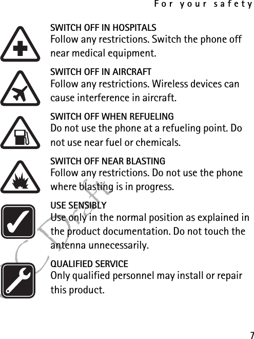 For your safety7FCC DraftSWITCH OFF IN HOSPITALSFollow any restrictions. Switch the phone off near medical equipment.SWITCH OFF IN AIRCRAFTFollow any restrictions. Wireless devices can cause interference in aircraft.SWITCH OFF WHEN REFUELINGDo not use the phone at a refueling point. Do not use near fuel or chemicals.SWITCH OFF NEAR BLASTINGFollow any restrictions. Do not use the phone where blasting is in progress.USE SENSIBLYUse only in the normal position as explained in the product documentation. Do not touch the antenna unnecessarily.QUALIFIED SERVICEOnly qualified personnel may install or repair this product.