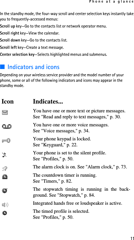 Phone at a glance11In the standby mode, the four-way scroll and center selection keys instantly take you to frequently-accessed menus:Scroll up key—Go to the contacts list or network operator menu.Scroll right key—View the calendar.Scroll down key—Go to the contacts list.Scroll left key—Create a text message.Center selection key—Selects highlighted menus and submenus. ■Indicators and iconsDepending on your wireless service provider and the model number of your phone, some or all of the following indicators and icons may appear in the standby mode.Icon Indicates...You have one or more text or picture messages. See &quot;Read and reply to text messages,&quot; p. 30.You have one or more voice messages. See &quot;Voice messages,&quot; p. 34.Your phone keypad is locked. See &quot;Keyguard,&quot; p. 22.Your phone is set to the silent profile. See &quot;Profiles,&quot; p. 50.The alarm clock is on. See &quot;Alarm clock,&quot; p. 73.The countdown timer is running. See &quot;Timers,&quot; p. 82.The stopwatch timing is running in the back-ground. See &quot;Stopwatch,&quot; p. 84.Integrated hands free or loudspeaker is active.The timed profile is selected. See &quot;Profiles,&quot; p. 50.