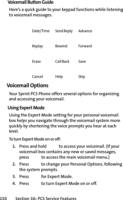 150 Section 3A: PCS Service FeaturesVoicemail Button GuideHere’s a quick guide to your keypad functions while listening to voicemail messages.Date/Time Send Reply AdvanceReplay Rewind ForwardErase Call Back SaveCancel Help SkipVoicemail OptionsYour Sprint PCS Phone offers several options for organizing and accessing your voicemail.Using Expert ModeUsing the Expert Mode setting for your personal voicemail box helps you navigate through the voicemail system more quickly by shortening the voice prompts you hear at each level.To turn Expert Mode on or off:1. Press and hold   to access your voicemail. (If your voicemail box contains any new or saved messages, press   to access the main voicemail menu.)2. Press   to change your Personal Options, following the system prompts.3. Press   for Expert Mode.4. Press   to turn Expert Mode on or off.