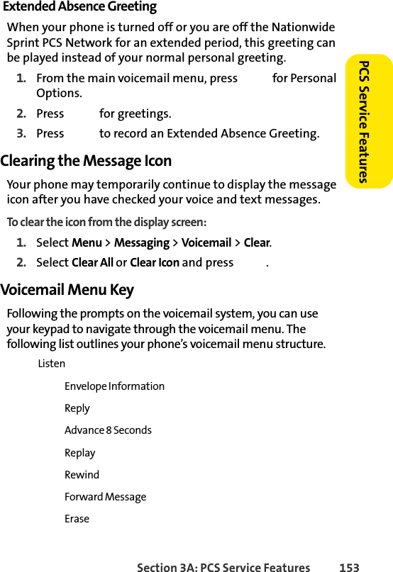 Section 3A: PCS Service Features  153PCS Service FeaturesExtended Absence GreetingWhen your phone is turned off or you are off the Nationwide Sprint PCS Network for an extended period, this greeting can be played instead of your normal personal greeting.1. From the main voicemail menu, press   for Personal Options.2. Press  for greetings.3. Press   to record an Extended Absence Greeting.Clearing the Message IconYour phone may temporarily continue to display the message icon after you have checked your voice and text messages.To clear the icon from the display screen:1. Select Menu &gt; Messaging &gt; Voicemail &gt; Clear.2. Select Clear All or Clear Icon and press  .Voicemail Menu KeyFollowing the prompts on the voicemail system, you can use your keypad to navigate through the voicemail menu. The following list outlines your phone’s voicemail menu structure. Listen Envelope Information Reply Advance 8 Seconds Replay Rewind Forward Message Erase