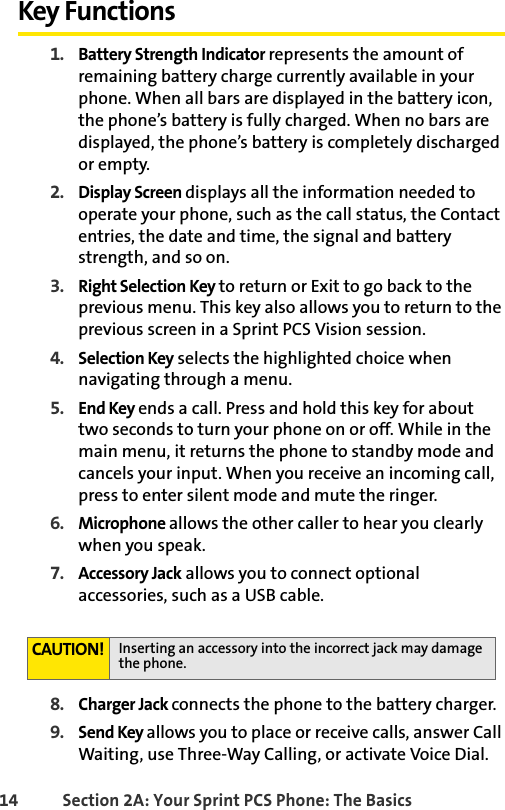 14 Section 2A: Your Sprint PCS Phone: The BasicsKey Functions1. Battery Strength Indicator represents the amount of remaining battery charge currently available in your phone. When all bars are displayed in the battery icon, the phone’s battery is fully charged. When no bars are displayed, the phone’s battery is completely discharged or empty.2. Display Screen displays all the information needed to operate your phone, such as the call status, the Contact entries, the date and time, the signal and battery strength, and so on.3. Right Selection Key to return or Exit to go back to the previous menu. This key also allows you to return to the previous screen in a Sprint PCS Vision session.4. Selection Key selects the highlighted choice when navigating through a menu. 5. End Key ends a call. Press and hold this key for about two seconds to turn your phone on or off. While in the main menu, it returns the phone to standby mode and cancels your input. When you receive an incoming call, press to enter silent mode and mute the ringer.6. Microphone allows the other caller to hear you clearly when you speak.7. Accessory Jack allows you to connect optional accessories, such as a USB cable.8. Charger Jack connects the phone to the battery charger.9. Send Key allows you to place or receive calls, answer Call Waiting, use Three-Way Calling, or activate Voice Dial.CAUTION! Inserting an accessory into the incorrect jack may damage the phone.