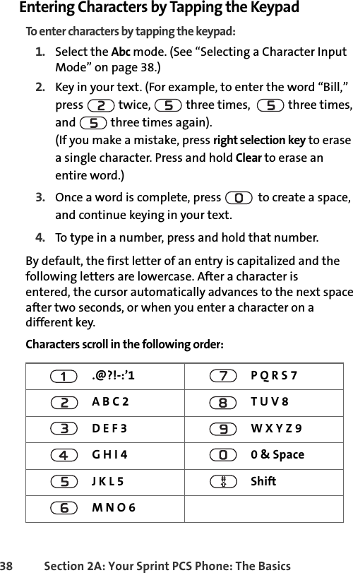 38 Section 2A: Your Sprint PCS Phone: The BasicsEntering Characters by Tapping the KeypadTo enter characters by tapping the keypad: 1. Select the Abc mode. (See “Selecting a Character Input Mode” on page 38.)2. Key in your text. (For example, to enter the word “Bill,” press   twice,   three times,    three times, and   three times again). (If you make a mistake, press right selection key to erase a single character. Press and hold Clear to erase an entire word.)3. Once a word is complete, press   to create a space, and continue keying in your text.4. To type in a number, press and hold that number. By default, the first letter of an entry is capitalized and the following letters are lowercase. After a character is       entered, the cursor automatically advances to the next space after two seconds, or when you enter a character on a different key.Characters scroll in the following order:.@?!-:’1 P Q R S 7A B C 2 T U V 8D E F 3 W X Y Z 9G H I 4 0 &amp; SpaceJ K L 5 ShiftM N O 6