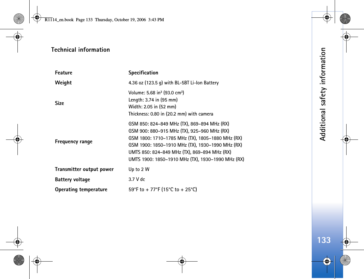 Additional safety information133Technical informationFeature SpecificationWeight 4.36 oz (123.5 g) with BL-5BT Li-Ion BatterySizeVolume: 5.68 in3 (93.0 cm3)Length: 3.74 in (95 mm)Width: 2.05 in (52 mm)Thickness: 0.80 in (20.2 mm) with cameraFrequency rangeGSM 850: 824–849 MHz (TX), 869–894 MHz (RX)GSM 900: 880–915 MHz (TX), 925–960 MHz (RX)GSM 1800: 1710–1785 MHz (TX), 1805–1880 MHz (RX)GSM 1900: 1850–1910 MHz (TX), 1930–1990 MHz (RX)UMTS 850: 824–849 MHz (TX), 869–894 MHz (RX)UMTS 1900: 1850–1910 MHz (TX), 1930–1990 MHz (RX)Transmitter output power Up to 2 WBattery voltage 3.7 V dcOperating temperature 59°F to + 77°F (15°C to + 25°C)R1114_en.book  Page 133  Thursday, October 19, 2006  3:43 PM