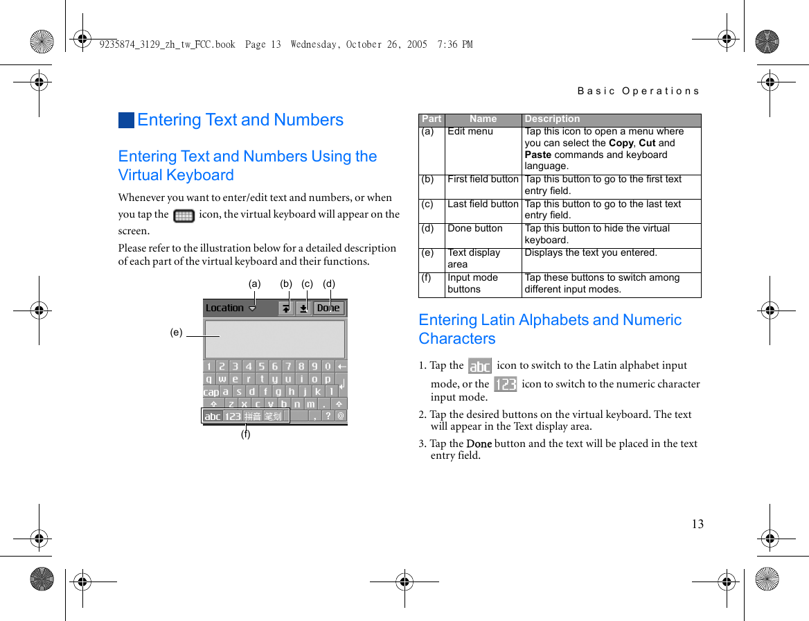 Basic Operations13Entering Text and NumbersEntering Text and Numbers Using the Virtual KeyboardWhenever you want to enter/edit text and numbers, or when you tap the   icon, the virtual keyboard will appear on the screen.Please refer to the illustration below for a detailed description of each part of the virtual keyboard and their functions.Entering Latin Alphabets and Numeric Characters1. Tap the   icon to switch to the Latin alphabet input mode, or the   icon to switch to the numeric character input mode.2. Tap the desired buttons on the virtual keyboard. The text will appear in the Text display area.3. Tap the Done button and the text will be placed in the text entry field.(a) (b) (c) (d)(e)(f)Part Name Description(a) Edit menu Tap this icon to open a menu where you can select the Copy, Cut and Paste commands and keyboard language.(b) First field button Tap this button to go to the first text entry field.(c) Last field button Tap this button to go to the last text entry field.(d) Done button Tap this button to hide the virtual keyboard.(e) Text display areaDisplays the text you entered.(f) Input mode buttonsTap these buttons to switch among different input modes.9235874_3129_zh_tw_FCC.book  Page 13  Wednesday, October 26, 2005  7:36 PM