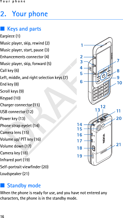 Your phone16DRAFT2. Your phone■Keys and partsEarpiece (1)Music player, skip, rewind (2)Music player, start, pause (3)Enhancements connector (4)Music player, skip, forward (5)Call key (6)Left, middle, and right selection keys (7)End key (8)Scroll keys (9)Keypad (10) Charger connector (11)USB connector (12)Power key (13)Phone strap eyelet (14)Camera lens (15)Volume up/ PTT key (16)Volume down (17)Camera key (18)Infrared port (19)Self-portrait viewfinder (20)Loudspeaker (21)■Standby modeWhen the phone is ready for use, and you have not entered any characters, the phone is in the standby mode.