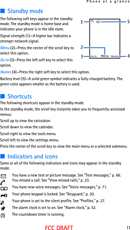 Phone at a glance11FCC DRAFT■Standby modeThe following soft keys appear in the standby mode. The standby mode is home base and indicates your phone is in the idle state.Signal strength (1)—A higher bar indicates a stronger network signal.Menu (2)—Press the center of the scroll key to select this option.Go to (3)—Press the left soft key to select this option.Names (4)—Press the right soft key to select this option.Battery level (5)—A solid green symbol indicates a fully-charged battery. The green color appears smaller as the battery is used.■ShortcutsThe following shortcuts appear in the standby mode.In the standby mode, the scroll key instantly takes you to frequently-accessed menus:Scroll up to view the calculator.Scroll down to view the calendar.Scroll right to view the tools menu.Scroll left to view the settings menu.Press the center of the scroll key to view the main menu or a selected submenu.■Indicators and iconsSome or all of the following indicators and icons may appear in the standby mode.You have a new text or picture message. See &quot;Text messages,&quot; p. 66.You missed a call. See &quot;View missed calls,&quot; p. 23.You have new voice messages. See &quot;Voice messages,&quot; p. 71.Your phone keypad is locked. See &quot;Keyguard,&quot; p. 20.Your phone is set to the silent profile. See &quot;Profiles,&quot; p. 27.The alarm clock is set to on. See &quot;Alarm clock,&quot; p. 52.The countdown timer is running.