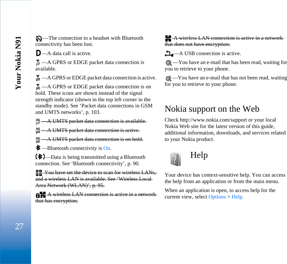 Your Nokia N9127—The connection to a headset with Bluetooth connectivity has been lost.—A data call is active. —A GPRS or EDGE packet data connection is available.—A GPRS or EDGE packet data connection is active. —A GPRS or EDGE packet data connection is on hold. These icons are shown instead of the signal strength indicator (shown in the top left corner in the standby mode). See ‘Packet data connections in GSM and UMTS networks’, p. 103. —A UMTS packet data connection is available.—A UMTS packet data connection is active.—A UMTS packet data connection is on hold.—Bluetooth connectivity is On.—Data is being transmitted using a Bluetooth connection. See ‘Bluetooth connectivity’, p. 90. You have set the device to scan for wireless LANs, and a wireless LAN is available. See ‘Wireless Local Area Network (WLAN)’, p. 95. A wireless LAN connection is active in a network that has encryption. A wireless LAN connection is active in a network that does not have encryption.—A USB connection is active.—You have an e-mail that has been read, waiting for you to retrieve to your phone.—You have an e-mail that has not been read, waiting for you to retrieve to your phone.Nokia support on the WebCheck http://www.nokia.com/support or your local Nokia Web site for the latest version of this guide, additional information, downloads, and services related to your Nokia product.HelpYour device has context-sensitive help. You can access the help from an application or from the main menu.When an application is open, to access help for the current view, select Options &gt; Help.