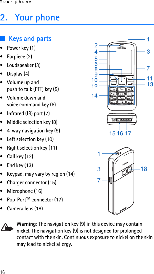 Your phone162. Your phone■Keys and parts• Power key (1)• Earpiece (2)• Loudspeaker (3)• Display (4)• Volume up and push to talk (PTT) key (5)• Volume down and voice command key (6)• Infrared (IR) port (7)• Middle selection key (8)• 4-way navigation key (9)• Left selection key (10)• Right selection key (11)• Call key (12)• End key (13)• Keypad, may vary by region (14)• Charger connector (15)• Microphone (16)• Pop-PortTM connector (17)• Camera lens (18)Warning: The navigation key (9) in this device may contain nickel. The navigation key (9) is not designed for prolonged contact with the skin. Continuous exposure to nickel on the skin may lead to nickel allergy.