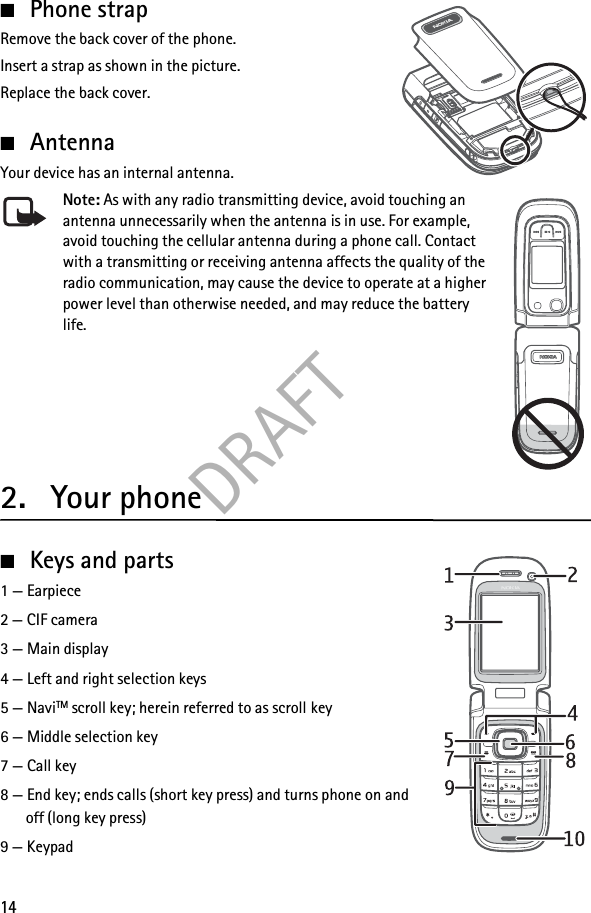 DRAFT14■Phone strapRemove the back cover of the phone.Insert a strap as shown in the picture.Replace the back cover.■AntennaYour device has an internal antenna.Note: As with any radio transmitting device, avoid touching an antenna unnecessarily when the antenna is in use. For example, avoid touching the cellular antenna during a phone call. Contact with a transmitting or receiving antenna affects the quality of the radio communication, may cause the device to operate at a higher power level than otherwise needed, and may reduce the battery life.2. Your phone■Keys and parts1 — Earpiece2 — CIF camera3 — Main display4 — Left and right selection keys5 — NaviTM scroll key; herein referred to as scroll key6 — Middle selection key7 — Call key8 — End key; ends calls (short key press) and turns phone on and off (long key press)9 — Keypad