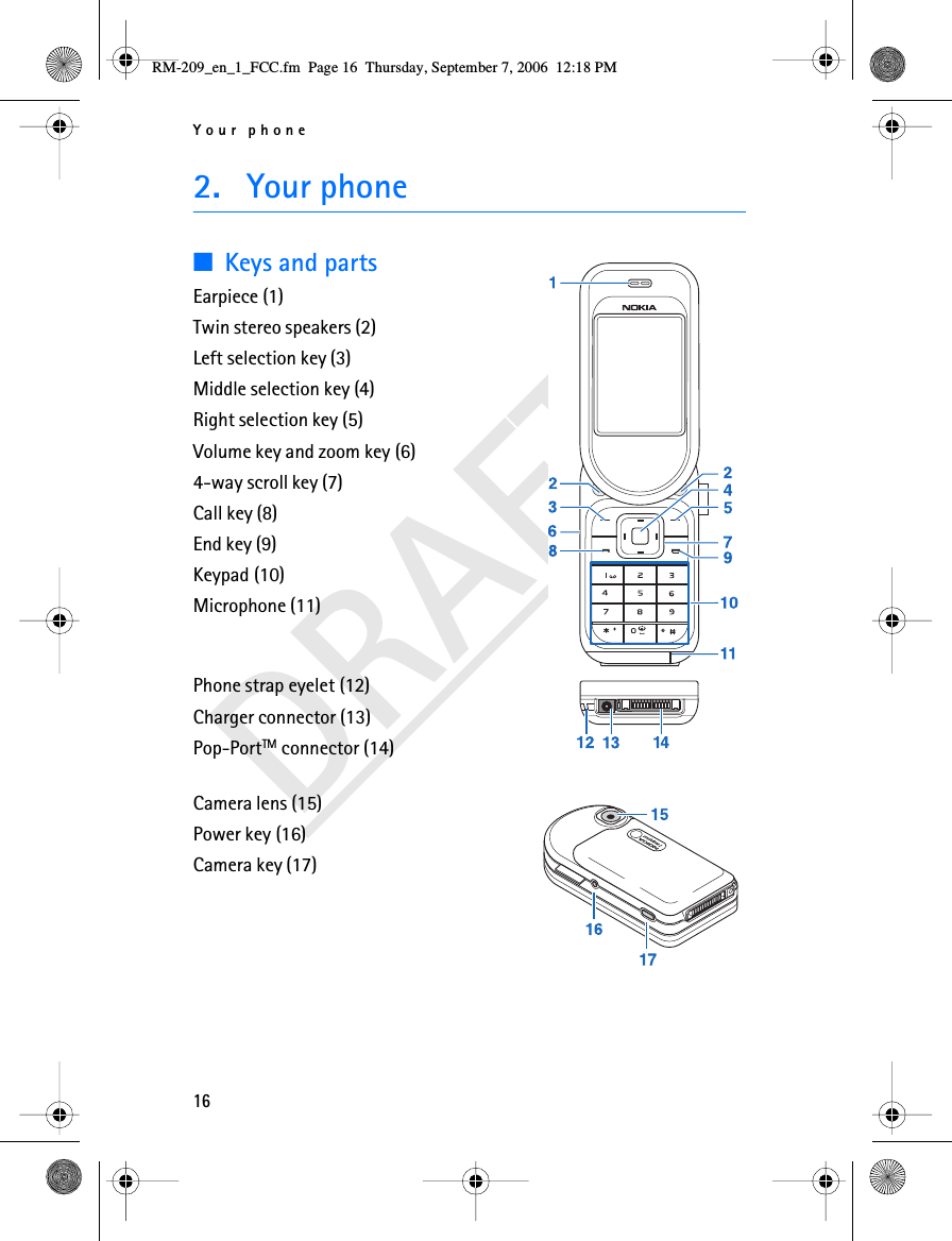 Your phone16DRAFT2. Your phone■Keys and partsEarpiece (1)Twin stereo speakers (2)Left selection key (3)Middle selection key (4)Right selection key (5)Volume key and zoom key (6)4-way scroll key (7)Call key (8)End key (9)Keypad (10)Microphone (11)Phone strap eyelet (12)Charger connector (13)Pop-PortTM connector (14)Camera lens (15)Power key (16)Camera key (17)RM-209_en_1_FCC.fm  Page 16  Thursday, September 7, 2006  12:18 PM