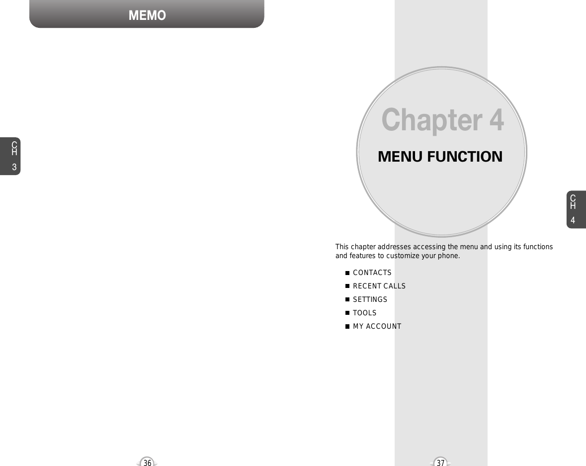 MEMOMENU FUNCTIONThis chapter addresses accessing the menu and using its functionsand features to customize your phone.Chapter 4CH437CH336CONTACTSRECENT CALLSSETTINGSTOOLSMY ACCOUNT