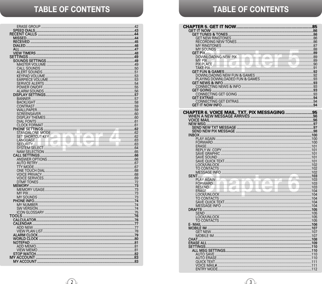 TABLE OF CONTENTS TABLE OF CONTENTS32Chapter 4Chapter 6Chapter 5CHAPTER 5. GET IT NOW..............................................................85GET IT NOW ...................................................................................................86GET TUNES &amp; TONES ..........................................................................................86GET NEW RINGTONES ......................................................................................86RECORDING NEW TONES.................................................................................86MY RINGTONES .................................................................................................87MY SOUNDS ......................................................................................................88GET PIX..................................................................................................................89DOWNLOADING NEW PIX.................................................................................89MY PIX ................................................................................................................89PIX PLACE ..........................................................................................................90TAKE PIX.............................................................................................................91GET FUN &amp; GAMES..............................................................................................92DOWNLOADING NEW FUN &amp; GAMES .............................................................92PLAYING DOWNLOADED FUN &amp; GAMES ........................................................93GET NEWS &amp; INFO ...............................................................................................93CONNECTING NEWS &amp; INFO ............................................................................93GET GOING ...........................................................................................................93CONNECTING GET GOING ................................................................................93GET EXTRAS .........................................................................................................94CONNECTING GET EXTRAS...............................................................................94GET IT NOW INFO.................................................................................................94CHAPTER 6. VOICE MAIL, TXT, PIX MESSAGING ......................95WHEN A NEW MESSAGE ARRIVES .............................................................96VOICE MAIL ....................................................................................................96NEW MSG .................................................................................................................97SEND NEW TXT MESSAGE .................................................................................97SEND NEW PIX MESSAGE ..................................................................................98INBOX ......................................................................................................................100PLAY AGAIN .....................................................................................................100FORWARD........................................................................................................100ERASE...............................................................................................................101REPLY W. COPY...............................................................................................101SAVE GRAPHIC ................................................................................................101SAVE SOUND ...................................................................................................101SAVE QUICK TEXT............................................................................................101LOCK/UNLOCK .................................................................................................102TO CONTACTS .................................................................................................102MESSAGE INFO ...............................................................................................102SENT ........................................................................................................................103PLAY AGAIN .....................................................................................................103FORWARD........................................................................................................103RESEND............................................................................................................103ERASE...............................................................................................................104LOCK/UNLOCK .................................................................................................104TO CONTACTS .................................................................................................104SAVE QUICK TEXT............................................................................................104MESSAGE INFO ...............................................................................................104DRAFTS ...................................................................................................................105SEND ................................................................................................................105LOCK/UNLOCK .................................................................................................105TO CONTACTS .................................................................................................105E- MAIL ....................................................................................................................106MOBILE IM ..............................................................................................................107GET NEW..........................................................................................................107MOBILE IM.......................................................................................................107CHAT........................................................................................................................108ERASE ALL ..............................................................................................................109SETTINGS................................................................................................................110ALL MSG SETTINGS...........................................................................................110AUTO SAVE ......................................................................................................110AUTO ERASE....................................................................................................110QUICK TEXT......................................................................................................111VOICE MAIL#....................................................................................................111ENTRY MODE...................................................................................................112ERASE GROUP ...................................................................................................42SPEED DIALS.........................................................................................................43RECENT CALLS ..............................................................................................44MISSED..................................................................................................................44RECEIVED ..............................................................................................................45DIALED...................................................................................................................46ALL .........................................................................................................................47VIEW TIMERS ........................................................................................................48SETTINGS .......................................................................................................49SOUNDS SETTINGS .............................................................................................49MASTER VOLUME .............................................................................................49CALL SOUNDS ...................................................................................................50ALERT SOUNDS .................................................................................................51KEYPAD VOLUME ..............................................................................................53EARPIECE VOLUME...........................................................................................53SERVICE ALERTS ...............................................................................................54POWER ON/OFF.................................................................................................55ALARM SOUNDS ...............................................................................................56DISPLAY SETTINGS..............................................................................................57BANNER .............................................................................................................57BACKLIGHT ........................................................................................................58CONTRAST .........................................................................................................59WALLPAPER.......................................................................................................59SCREENSAVER...................................................................................................60DISPLAY THEMES..............................................................................................60DIAL FONTS .......................................................................................................61CLOCK FORMAT ................................................................................................61PHONE SETTINGS ................................................................................................62STANDALONE MODE ........................................................................................62SET SHORTCUT KEY ..........................................................................................62LANGUAGE.........................................................................................................63SECURITY ...........................................................................................................63SYSTEM SELECT................................................................................................64NAM SELECTION ...............................................................................................65CALL SETTINGS....................................................................................................66ANSWER OPTIONS ............................................................................................66AUTO RETRY ......................................................................................................67TTY MODE..........................................................................................................67ONE TOUCH DIAL ..............................................................................................68VOICE PRIVACY..................................................................................................68VOICE SERVICES................................................................................................69DTMF TONES .....................................................................................................72MEMORY ...............................................................................................................73MEMORY USAGE...............................................................................................73MY PIX ................................................................................................................73MY SOUNDS ......................................................................................................73PHONE INFO..........................................................................................................74MY NUMBER......................................................................................................74SW VERSION......................................................................................................74ICON GLOSSARY ...............................................................................................75TOOLS.............................................................................................................76CALCULATOR........................................................................................................76CALENDAR ............................................................................................................77ADD NEW ...........................................................................................................77VIEW PLAN LIST.................................................................................................78ALARM CLOCK......................................................................................................79WORLD CLOCK .....................................................................................................80NOTEPAD ..............................................................................................................81ADD MEMO........................................................................................................81VIEW MEMO ......................................................................................................81STOP WATCH........................................................................................................82MY ACCOUNT ................................................................................................83MY ACCOUNT .......................................................................................................83