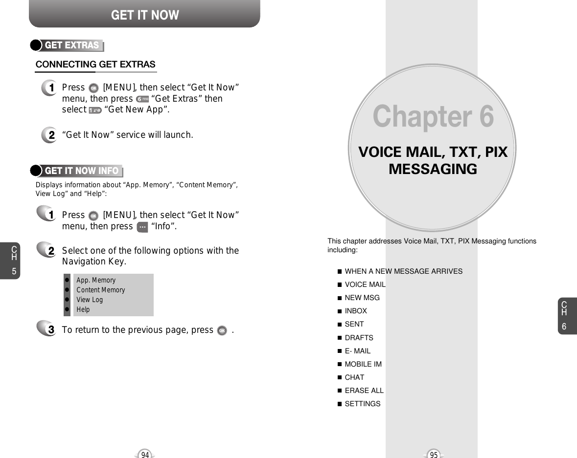 VOICE MAIL, TXT, PIXMESSAGINGThis chapter addresses Voice Mail, TXT, PIX Messaging functionsincluding: WHEN A NEW MESSAGE ARRIVESVOICE MAILNEW MSGINBOXSENTDRAFTSE- MAILMOBILE IMCHATERASE ALLSETTINGSChapter 69594CH695GET IT NOWCH5GET IT NOW INFOPress       [MENU], then select “Get It Now” menu, then press       “Info”.Select one of the following options with theNavigation Key.To return to the previous page, press       .1Displays information about “App. Memory”, “Content Memory”,View Log” and “Help”:23lApp. MemorylContent MemorylView LoglHelpGET EXTRASCONNECTING GET EXTRAS1Press       [MENU], then select “Get It Now”menu, then press       “Get Extras” then select       “Get New App”.2“Get It Now” service will launch. 