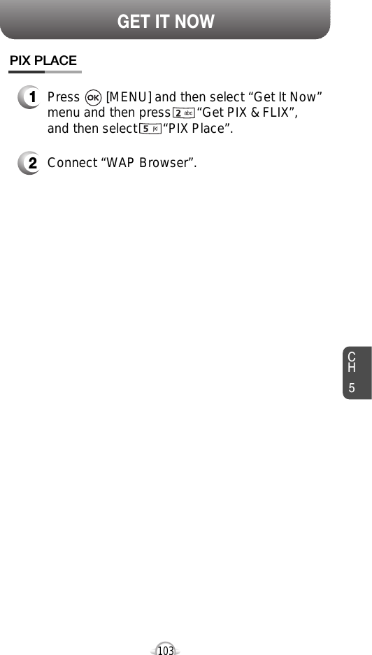 CH5103GET IT NOWPIX PLACE2Connect “WAP Browser”.1Press       [MENU] and then select “Get It Now”menu and then press       “Get PIX &amp; FLIX”,and then select       “PIX Place”.