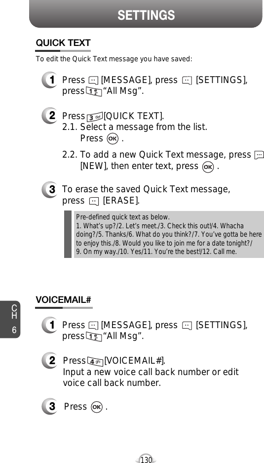 CH6130SETTINGSTo edit the Quick Text message you have saved:Press       [QUICK TEXT].2.1. Select a message from the list. Press       .2.2. To add a new Quick Text message, press       [NEW], then enter text, press       .To erase the saved Quick Text message, press       [ERASE].Pre-defined quick text as below.1. What’s up?/2. Let’s meet./3. Check this out!/4. Whachadoing?/5. Thanks/6. What do you think?/7. You’ve gotta be hereto enjoy this./8. Would you like to join me for a date tonight?/9. On my way./10. Yes/11. You’re the best!/12. Call me.Press       [VOICEMAIL#].Input a new voice call back number or editvoice call back number.Press       .QUICK TEXTVOICEMAIL#Press      [MESSAGE], press       [SETTINGS],press       “All Msg”.1Press      [MESSAGE], press       [SETTINGS],press       “All Msg”.12332