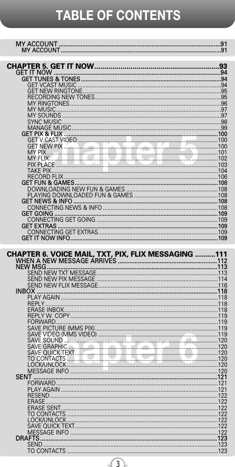 TABLE OF CONTENTS3Chapter 6Chapter 5MY ACCOUNT ................................................................................................91MY ACCOUNT .......................................................................................................91CHAPTER 5. GET IT NOW..............................................................93GET IT NOW ...................................................................................................94GET TUNES &amp; TONES ..........................................................................................94GET VCAST MUSIC ............................................................................................94GET NEW RINGTONE.........................................................................................95RECORDING NEW TONES.................................................................................95MY RINGTONES .................................................................................................96MY MUSIC..........................................................................................................97MY SOUNDS ......................................................................................................97SYNC MUSIC ......................................................................................................98MANAGE MUSIC................................................................................................99GET PIX &amp; FLIX ...................................................................................................100GET V CAST VIDEO ..........................................................................................100GET NEW PIX ...................................................................................................100MY PIX ..............................................................................................................101MY FLIX ............................................................................................................102PIX PLACE ........................................................................................................103TAKE PIX...........................................................................................................104RECORD FLIX ...................................................................................................106GET FUN &amp; GAMES............................................................................................108DOWNLOADING NEW FUN &amp; GAMES ...........................................................108PLAYING DOWNLOADED FUN &amp; GAMES ......................................................108GET NEWS &amp; INFO .............................................................................................108CONNECTING NEWS &amp; INFO ..........................................................................108GET GOING .........................................................................................................109CONNECTING GET GOING ..............................................................................109GET EXTRAS .......................................................................................................109CONNECTING GET EXTRAS.............................................................................109GET IT NOW INFO...............................................................................................109CHAPTER 6. VOICE MAIL, TXT, PIX, FLIX MESSAGING ..........111WHEN A NEW MESSAGE ARRIVES ...........................................................112NEW MSG.....................................................................................................113SEND NEW TXT MESSAGE..............................................................................113SEND NEW PIX MESSAGE ..............................................................................114SEND NEW FLIX MESSAGE.............................................................................116INBOX ...........................................................................................................118PLAY AGAIN .....................................................................................................118REPLY ...............................................................................................................118ERASE INBOX...................................................................................................118REPLY W. COPY...............................................................................................119FORWARD........................................................................................................119SAVE PICTURE (MMS PIX)...............................................................................119SAVE VIDEO (MMS VIDEO) .............................................................................119SAVE SOUND ...................................................................................................120SAVE GRAPHIC ................................................................................................120SAVE QUICK TEXT............................................................................................120TO CONTACTS .................................................................................................120LOCK/UNLOCK .................................................................................................120MESSAGE INFO ...............................................................................................120SENT .............................................................................................................121FORWARD........................................................................................................121PLAY AGAIN .....................................................................................................121RESEND............................................................................................................122ERASE...............................................................................................................122ERASE SENT.....................................................................................................122TO CONTACTS .................................................................................................122LOCK/UNLOCK .................................................................................................122SAVE QUICK TEXT............................................................................................122MESSAGE INFO ...............................................................................................122DRAFTS.........................................................................................................123SEND ................................................................................................................123TO CONTACTS .................................................................................................123