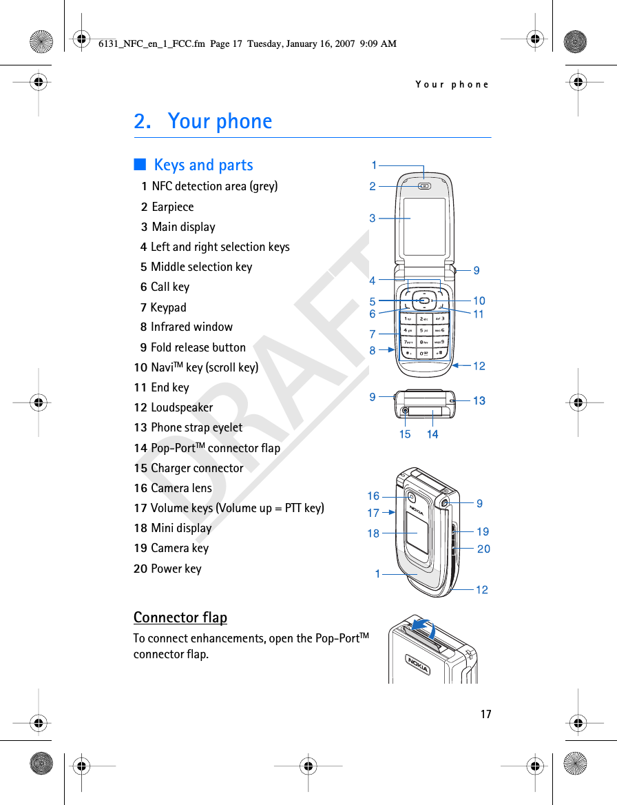 Your phone17DRAFT2. Your phone■Keys and parts1NFC detection area (grey)2Earpiece3Main display4Left and right selection keys5Middle selection key6Call key7Keypad8Infrared window9Fold release button10 NaviTM key (scroll key)11 End key12 Loudspeaker13 Phone strap eyelet14 Pop-PortTM connector flap15 Charger connector16 Camera lens17 Volume keys (Volume up = PTT key)18 Mini display19 Camera key20 Power keyConnector flapTo connect enhancements, open the Pop-PortTM connector flap.6131_NFC_en_1_FCC.fm  Page 17  Tuesday, January 16, 2007  9:09 AM