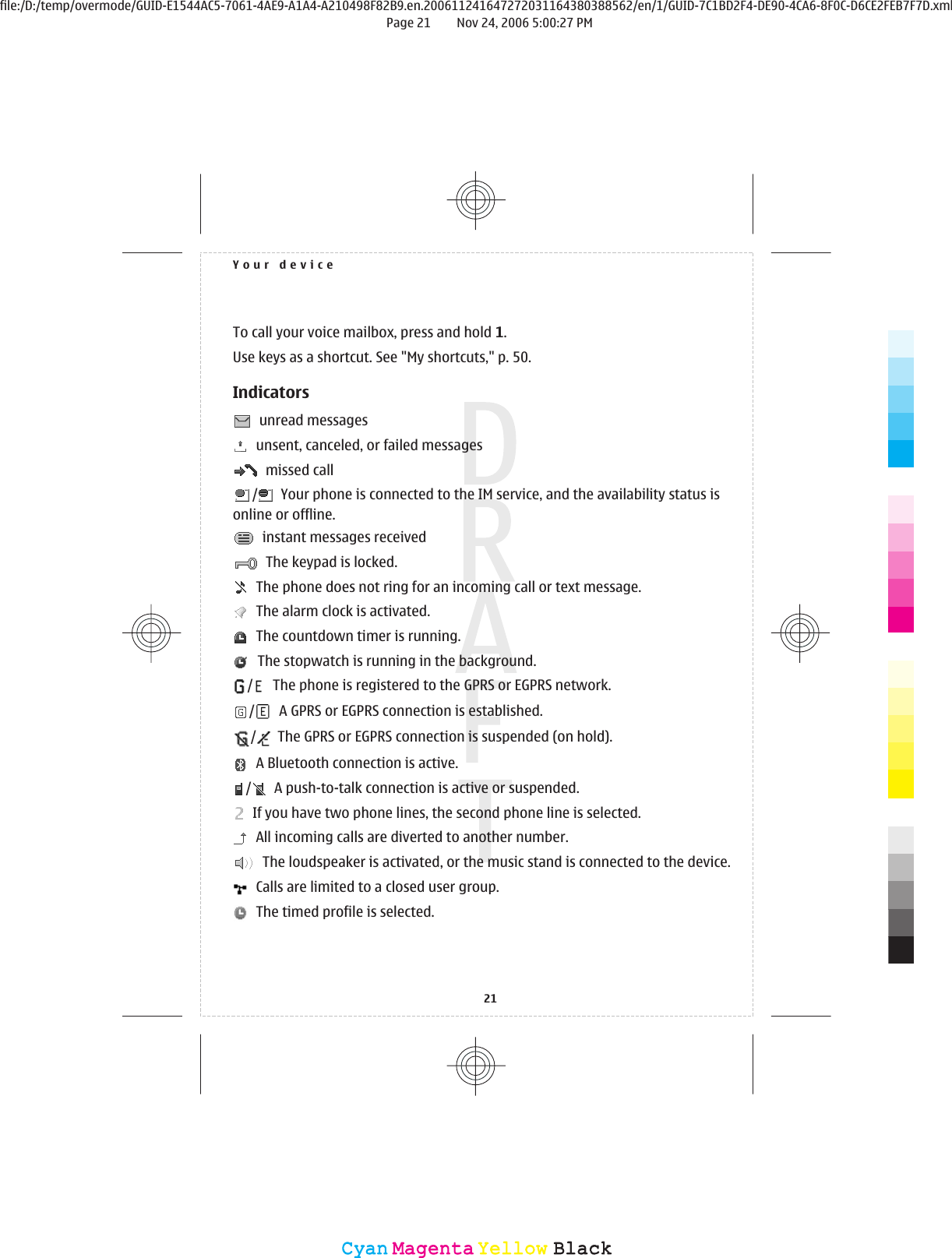 To call your voice mailbox, press and hold 1.Use keys as a shortcut. See &quot;My shortcuts,&quot; p. 50.Indicators  unread messages  unsent, canceled, or failed messages  missed call/  Your phone is connected to the IM service, and the availability status isonline or offline.  instant messages received  The keypad is locked.  The phone does not ring for an incoming call or text message.  The alarm clock is activated.  The countdown timer is running.  The stopwatch is running in the background./  The phone is registered to the GPRS or EGPRS network./  A GPRS or EGPRS connection is established./  The GPRS or EGPRS connection is suspended (on hold).  A Bluetooth connection is active./  A push-to-talk connection is active or suspended.  If you have two phone lines, the second phone line is selected.  All incoming calls are diverted to another number.  The loudspeaker is activated, or the music stand is connected to the device.  Calls are limited to a closed user group.  The timed profile is selected.Your device21CyanCyanMagentaMagentaYellowYellowBlackBlackfile:/D:/temp/overmode/GUID-E1544AC5-7061-4AE9-A1A4-A210498F82B9.en.200611241647272031164380388562/en/1/GUID-7C1BD2F4-DE90-4CA6-8F0C-D6CE2FEB7F7D.xmlPage 21 Nov 24, 2006 5:00:27 PM