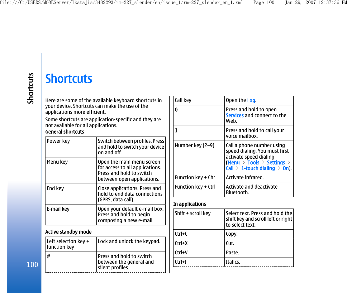 ShortcutsHere are some of the available keyboard shortcuts inyour device. Shortcuts can make the use of theapplications more efficient.Some shortcuts are application-specific and they arenot available for all applications.General shortcutsPower key Switch between profiles. Pressand hold to switch your deviceon and off.Menu key Open the main menu screenfor access to all applications.Press and hold to switchbetween open applications.End key Close applications. Press andhold to end data connections(GPRS, data call).E-mail key Open your default e-mail box.Press and hold to begincomposing a new e-mail.Active standby modeLeft selection key +function keyLock and unlock the keypad.#Press and hold to switchbetween the general andsilent profiles.Call key Open the Log.0Press and hold to openServices and connect to theWeb.1Press and hold to call yourvoice mailbox.Number key (2–9) Call a phone number usingspeed dialing. You must firstactivate speed dialing(Menu &gt; Tools &gt; Settings &gt;Call &gt; 1-touch dialing &gt; On).Function key + Chr Activate infrared.Function key + Ctrl Activate and deactivateBluetooth.In applicationsShift + scroll key Select text. Press and hold theshift key and scroll left or rightto select text.Ctrl+C Copy.Ctrl+X Cut.Ctrl+V Paste.Ctrl+I Italics.100Shortcutsfile:///C:/USERS/MODEServer/lkatajis/3482293/rm-227_slender/en/issue_1/rm-227_slender_en_1.xml Page 100 Jan 29, 2007 12:37:36 PM