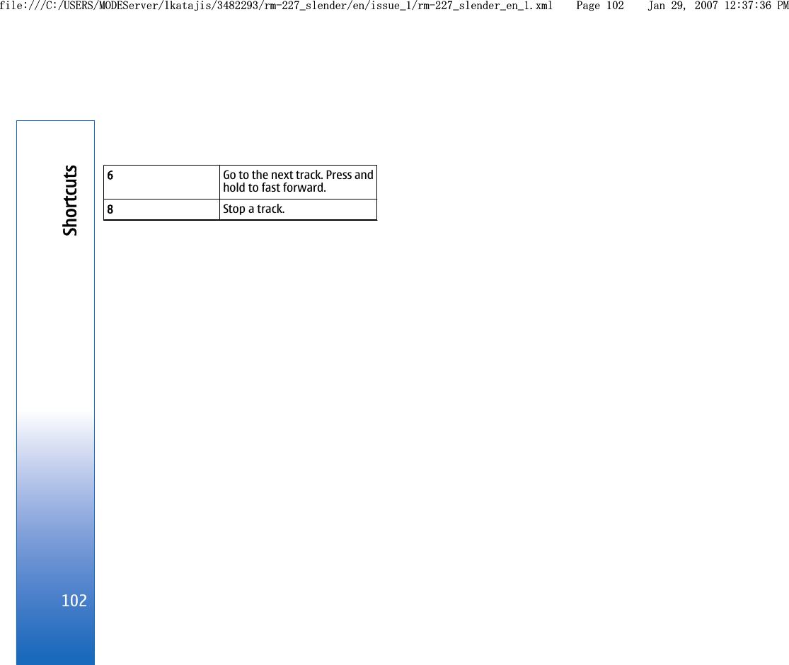 6Go to the next track. Press andhold to fast forward.8Stop a track.102Shortcutsfile:///C:/USERS/MODEServer/lkatajis/3482293/rm-227_slender/en/issue_1/rm-227_slender_en_1.xml Page 102 Jan 29, 2007 12:37:36 PMfile:///C:/USERS/MODEServer/lkatajis/3482293/rm-227_slender/en/issue_1/rm-227_slender_en_1.xml Page 102 Jan 29, 2007 12:37:36 PM