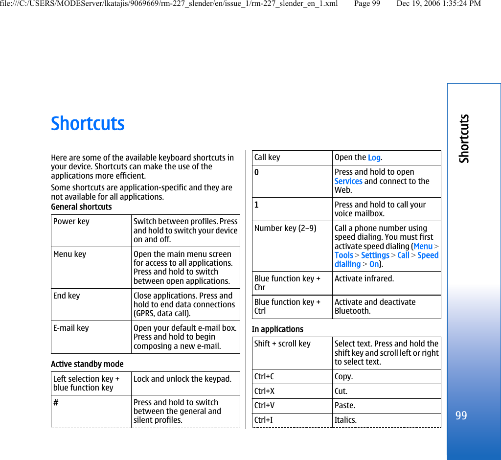 ShortcutsHere are some of the available keyboard shortcuts inyour device. Shortcuts can make the use of theapplications more efficient.Some shortcuts are application-specific and they arenot available for all applications.General shortcutsPower key Switch between profiles. Pressand hold to switch your deviceon and off.Menu key Open the main menu screenfor access to all applications.Press and hold to switchbetween open applications.End key Close applications. Press andhold to end data connections(GPRS, data call).E-mail key Open your default e-mail box.Press and hold to begincomposing a new e-mail.Active standby modeLeft selection key +blue function keyLock and unlock the keypad.#Press and hold to switchbetween the general andsilent profiles.Call key Open the Log.0Press and hold to openServices and connect to theWeb.1Press and hold to call yourvoice mailbox.Number key (2–9) Call a phone number usingspeed dialing. You must firstactivate speed dialing (Menu &gt;Tools &gt; Settings &gt; Call &gt; Speeddialling &gt; On).Blue function key +ChrActivate infrared.Blue function key +CtrlActivate and deactivateBluetooth.In applicationsShift + scroll key Select text. Press and hold theshift key and scroll left or rightto select text.Ctrl+C Copy.Ctrl+X Cut.Ctrl+V Paste.Ctrl+I Italics.99Shortcutsfile:///C:/USERS/MODEServer/lkatajis/9069669/rm-227_slender/en/issue_1/rm-227_slender_en_1.xml Page 99 Dec 19, 2006 1:35:24 PM