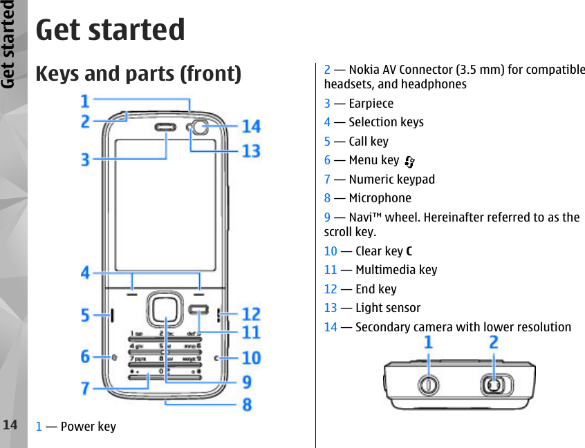 Get startedKeys and parts (front)1 — Power key2 — Nokia AV Connector (3.5 mm) for compatibleheadsets, and headphones3 — Earpiece4 — Selection keys5 — Call key6 — Menu key 7 — Numeric keypad8 — Microphone9 — Navi™ wheel. Hereinafter referred to as thescroll key.10 — Clear key C11 — Multimedia key12 — End key13 — Light sensor14 — Secondary camera with lower resolution14Get started