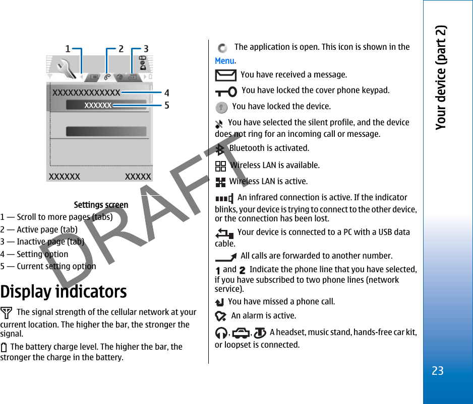 Settings screen1 — Scroll to more pages (tabs)2 — Active page (tab)3 — Inactive page (tab)4 — Setting option5 — Current setting optionDisplay indicators  The signal strength of the cellular network at yourcurrent location. The higher the bar, the stronger thesignal.  The battery charge level. The higher the bar, thestronger the charge in the battery.  The application is open. This icon is shown in theMenu.  You have received a message.  You have locked the cover phone keypad.  You have locked the device.  You have selected the silent profile, and the devicedoes not ring for an incoming call or message.  Bluetooth is activated.  Wireless LAN is available.  Wireless LAN is active.  An infrared connection is active. If the indicatorblinks, your device is trying to connect to the other device,or the connection has been lost.  Your device is connected to a PC with a USB datacable.  All calls are forwarded to another number. and    Indicate the phone line that you have selected,if you have subscribed to two phone lines (networkservice).  You have missed a phone call.  An alarm is active.,  ,    A headset, music stand, hands-free car kit,or loopset is connected.23Your device (part 2)file:///C:/USERS/MODEServer/miedward/25323280/rm-24_zeus/en/issue_1/rm-24_zeus_en_1.xml Page 23 Dec 22, 2005 4:45:59 AMfile:///C:/USERS/MODEServer/miedward/25323280/rm-24_zeus/en/issue_1/rm-24_zeus_en_1.xml Page 23 Dec 22, 2005 4:45:59 AM