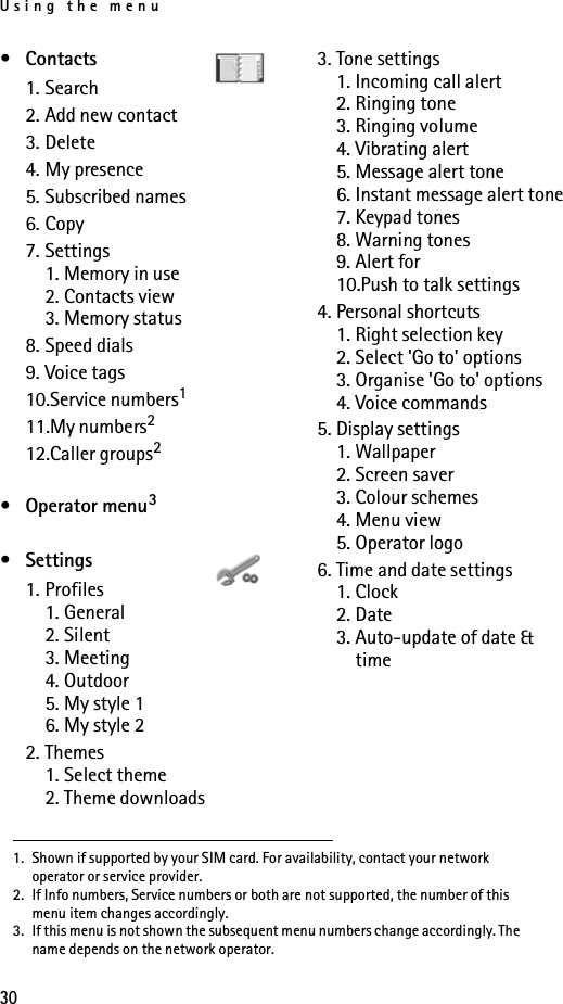 Using the menu30• Contacts1. Search2. Add new contact3. Delete4. My presence5. Subscribed names6. Copy7. Settings1. Memory in use2. Contacts view3. Memory status8. Speed dials9. Voice tags10.Service numbers111.My numbers212.Caller groups2• Operator menu3• Settings1. Profiles1. General2. Silent 3. Meeting4. Outdoor5. My style 16. My style 22. Themes1. Select theme2. Theme downloads3. Tone settings1. Incoming call alert2. Ringing tone3. Ringing volume4. Vibrating alert5. Message alert tone6. Instant message alert tone7. Keypad tones8. Warning tones9. Alert for10.Push to talk settings4. Personal shortcuts1. Right selection key2. Select &apos;Go to&apos; options3. Organise &apos;Go to&apos; options4. Voice commands5. Display settings1. Wallpaper2. Screen saver3. Colour schemes4. Menu view5. Operator logo6. Time and date settings1. Clock2. Date3. Auto-update of date &amp; time1. Shown if supported by your SIM card. For availability, contact your network operator or service provider.2. If Info numbers, Service numbers or both are not supported, the number of this menu item changes accordingly.3. If this menu is not shown the subsequent menu numbers change accordingly. The name depends on the network operator.