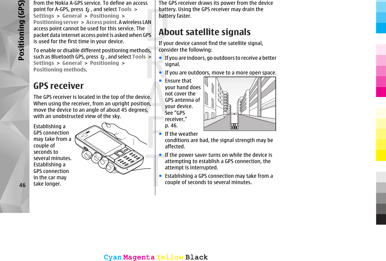 from the Nokia A-GPS service. To define an accesspoint for A-GPS, press  , and select Tools &gt;Settings &gt; General &gt; Positioning &gt;Positioning server &gt;  Access point. A wireless LANaccess point cannot be used for this service. Thepacket data internet access point is asked when GPSis used for the first time in your device.To enable or disable different positioning methods,such as Bluetooth GPS, press  , and select Tools &gt;Settings &gt; General &gt; Positioning &gt;Positioning methods.GPS receiverThe GPS receiver is located in the top of the device.When using the receiver, from an upright position,move the device to an angle of about 45 degrees,with an unobstructed view of the sky.Establishing aGPS connectionmay take from acouple ofseconds toseveral minutes.Establishing aGPS connectionin the car maytake longer.The GPS receiver draws its power from the devicebattery. Using the GPS receiver may drain thebattery faster.About satellite signalsIf your device cannot find the satellite signal,consider the following:●If you are indoors, go outdoors to receive a bettersignal.●If you are outdoors, move to a more open space.●Ensure thatyour hand doesnot cover theGPS antenna ofyour device.See &quot;GPSreceiver,&quot;p. 46.●If the weatherconditions are bad, the signal strength may beaffected.●If the power saver turns on while the device isattempting to establish a GPS connection, theattempt is interrupted.●Establishing a GPS connection may take from acouple of seconds to several minutes.46Positioning (GPS)CyanCyanMagentaMagentaYellowYellowBlackBlackCyanCyanMagentaMagentaYellowYellowBlackBlack