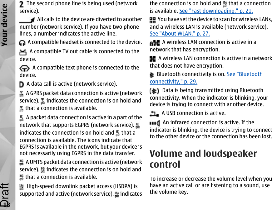   The second phone line is being used (networkservice).  All calls to the device are diverted to anothernumber (network service). If you have two phonelines, a number indicates the active line.  A compatible headset is connected to the device.  A compatible TV out cable is connected to thedevice.  A compatible text phone is connected to thedevice.  A data call is active (network service).  A GPRS packet data connection is active (networkservice).   indicates the connection is on hold and that a connection is available.  A packet data connection is active in a part of thenetwork that supports EGPRS (network service). indicates the connection is on hold and   that aconnection is available. The icons indicate thatEGPRS is available in the network, but your device isnot necessarily using EGPRS in the data transfer.  A UMTS packet data connection is active (networkservice).   indicates the connection is on hold and that a connection is available.  High-speed downlink packet access (HSDPA) issupported and active (network service).   indicatesthe connection is on hold and   that a connectionis available. See &quot;Fast downloading,&quot; p. 21.  You have set the device to scan for wireless LANs,and a wireless LAN is available (network service).See &quot;About WLAN,&quot; p. 27.  A wireless LAN connection is active in anetwork that has encryption.  A wireless LAN connection is active in a networkthat does not have encryption.  Bluetooth connectivity is on. See &quot;Bluetoothconnectivity,&quot; p. 29.  Data is being transmitted using Bluetoothconnectivity. When the indicator is blinking, yourdevice is trying to connect with another device.  A USB connection is active.  An infrared connection is active. If theindicator is blinking, the device is trying to connectto the other device or the connection has been lost.Volume and loudspeakercontrolTo increase or decrease the volume level when youhave an active call or are listening to a sound, usethe volume key.18Your deviceDraft