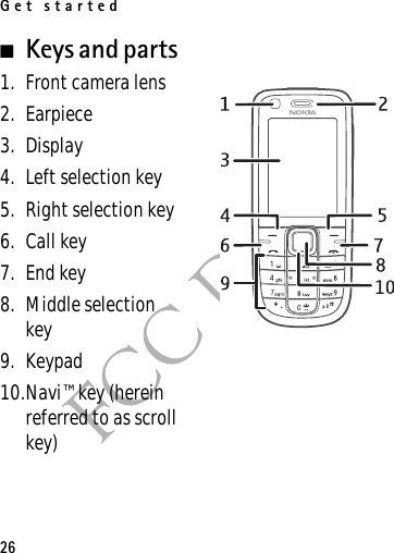Get started26FCC DRAFT■Keys and parts 1. Front camera lens2. Earpiece3. Display4. Left selection key5. Right selection key6. Call key7. End key8. Middle selection key9. Keypad10.Navi™ key (herein referred to as scroll key)