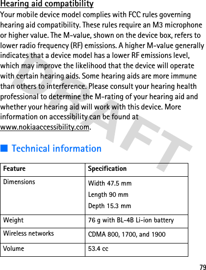 79Hearing aid compatibilityYour mobile device model complies with FCC rules governing hearing aid compatibility. These rules require an M3 microphone or higher value. The M-value, shown on the device box, refers to lower radio frequency (RF) emissions. A higher M-value generally indicates that a device model has a lower RF emissions level, which may improve the likelihood that the device will operate with certain hearing aids. Some hearing aids are more immune than others to interference. Please consult your hearing health professional to determine the M-rating of your hearing aid and whether your hearing aid will work with this device. More information on accessibility can be found at www.nokiaaccessibility.com.■Technical informationFeature SpecificationDimensions Width 47.5 mmLength 90 mmDepth 15.3 mmWeight 76 g with BL-4B Li-ion batteryWireless networks CDMA 800, 1700, and 1900Volume 53.4 cc