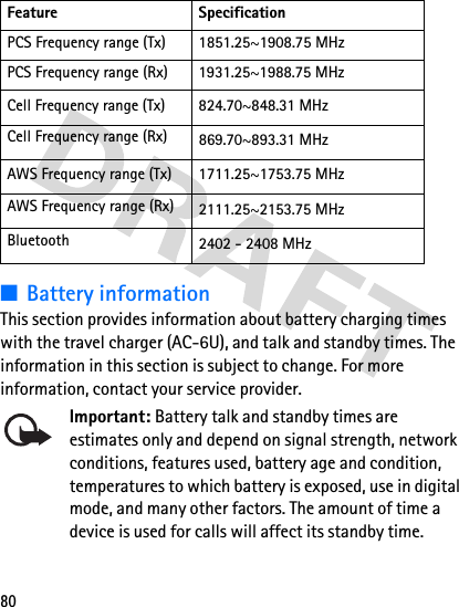 80■Battery informationThis section provides information about battery charging times with the travel charger (AC-6U), and talk and standby times. The information in this section is subject to change. For more information, contact your service provider. Important: Battery talk and standby times are estimates only and depend on signal strength, network conditions, features used, battery age and condition, temperatures to which battery is exposed, use in digital mode, and many other factors. The amount of time a device is used for calls will affect its standby time. PCS Frequency range (Tx) 1851.25~1908.75 MHzPCS Frequency range (Rx) 1931.25~1988.75 MHzCell Frequency range (Tx) 824.70~848.31 MHzCell Frequency range (Rx) 869.70~893.31 MHzAWS Frequency range (Tx) 1711.25~1753.75 MHzAWS Frequency range (Rx) 2111.25~2153.75 MHzBluetooth 2402 - 2408 MHzFeature Specification