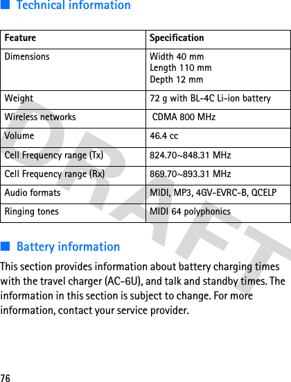 76■Technical information■Battery informationThis section provides information about battery charging times with the travel charger (AC-6U), and talk and standby times. The information in this section is subject to change. For more information, contact your service provider. Feature SpecificationDimensions Width 40 mmLength 110 mmDepth 12 mmWeight 72 g with BL-4C Li-ion batteryWireless networks  CDMA 800 MHzVolume 46.4 ccCell Frequency range (Tx) 824.70~848.31 MHzCell Frequency range (Rx) 869.70~893.31 MHzAudio formats MIDI, MP3, 4GV-EVRC-B, QCELPRinging tones MIDI 64 polyphonics
