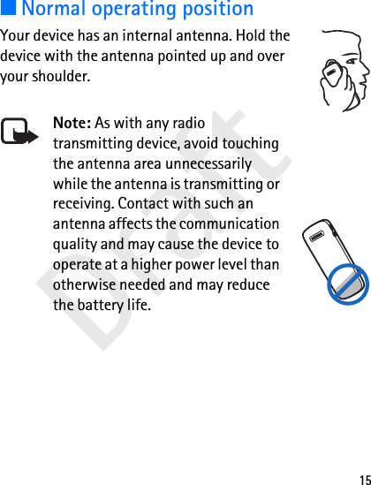 Draft15■Normal operating positionYour device has an internal antenna. Hold the device with the antenna pointed up and over your shoulder.Note: As with any radio transmitting device, avoid touching the antenna area unnecessarily while the antenna is transmitting or receiving. Contact with such an antenna affects the communication quality and may cause the device to operate at a higher power level than otherwise needed and may reduce the battery life.