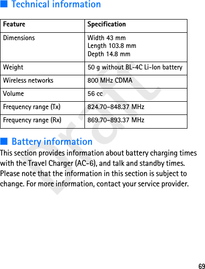 Draft69■Technical information■Battery informationThis section provides information about battery charging times with the Travel Charger (AC-6), and talk and standby times. Please note that the information in this section is subject to change. For more information, contact your service provider.Feature SpecificationDimensions Width 43 mmLength 103.8 mmDepth 14.8 mmWeight 50 g without BL-4C Li-Ion batteryWireless networks 800 MHz CDMAVolume 56 ccFrequency range (Tx) 824.70–848.37 MHzFrequency range (Rx) 869.70–893.37 MHz