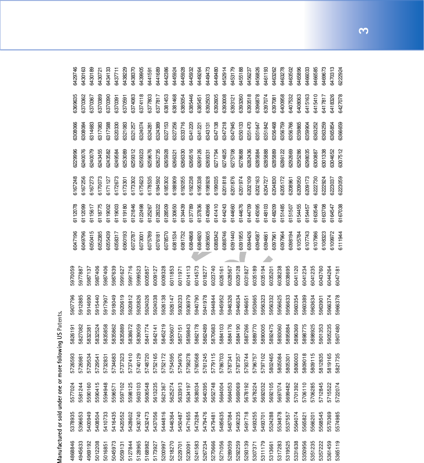 3Manufactured or sold under one or more following US Patents.4868846 5378935 5577024 5726593 5826191 5907796 59700594945633 5396653 5581244 5726981 5827082 5912885 59778874969192 5400949 5590160 5729534 5832381 5914690 59871375012208 5408504 5590415 5729541 5832524 5915440 59874065016851 5410733 5594948 5732831 5835858 5917907 59874065045973 5416435 5596571 5734683 5835862 5918049 59876395059131 5420552 5597102 5737323 5835889 5920619 59916275127844 5428602 5598125 5737410 5838672 5920812 59917165128965 5430740 5603103 5740129 5839059 5920826 59995235168982 5432473 5606548 5748720 5841774 5924026 60058575173927 5437056 5613235 5752165 5842141 5924038 60091275200997 5444816 5621367 5752172 5845219 5926138 60093285218270 5446364 5625274 5754595 5850607 5926147 60118535229701 5450487 5633913 5754976 5857151 5930233 60119715230091 5471655 5634197 5758278 5859843 5936979 60141135241583 5473284 5638034 5760568 5862178 5940790 60145735267234 5479476 5640395 5761245 5862489 5941978 60182775270666 5479481 5652748 5779115 5870683 5944844 60237405271056 5485635 5664004 5786703 5884103 5945952 60261615289059 5487084 5664053 5787341 5884176 5946326 60285675292259 5490235 5669069 5787357 5884190 5946634 60291285293139 5491718 5678192 5793744 5887266 5946651 60318275307371 5493255 5678224 5796757 5889770 5953665 60351895311179 5493701 5692032 5797102 5890005 5956323 60351945313661 5524288 5692105 5802465 5892475 5956332 60352015317283 5534878 5697074 5805084 5893060 5956625 60382385319525 5537557 5699482 5805301 5895884 5956633 60386955331638 5564074 5701392 5806003 5896369 5960354 60411205350956 5565821 5706110 5809018 5898775 5960389 60412345351235 5566201 5706285 5809115 5898925 5963634 60412355357222 5568545 5712845 5812835 5901353 5963901 60437605361459 5570369 5715522 5819165 5905235 5966374 60442645365119 5574985 5722074 5821735 5907480 5966378 60471816047196 6112078 6167248 6229996 6308066 6369635 64297466049796 6112099 6167256 6240076 6308084 6370362 64301636050415 6115617 6167273 6240079 6314683 6370367 64301896052385 6118775 6170073 6243455 6317083 6370389 64307216055439 6119002 6171127 6243582 6317588 6370390 64341336058317 6119003 6172673 6249584 6320330 6370391 64377116060193 6119180 6173301 6253089 6321083 6370591 64382296072787 6121846 6173302 6259312 6321257 6374083 64383706073001 6122498 6175623 6259323 6324074 6374118 64399056075789 6125267 6178535 6259676 6324281 6377803 64415916076181 6128322 6184592 6262735 6324389 6377817 64416896078570 6128509 6185302 6265928 6327153 6381453 64423866081534 6130650 6188909 6266321 6327256 6381468 64459246081732 6134439 6192055 6266330 6333716 6385054 64459286084868 6137789 6192238 6266516 6341220 6385446 64459326084920 6137836 6195338 6269126 6341221 6385451 64492646085605 6140966 6198928 6269331 6343131 6392503 64494736088342 6141410 6199035 6271794 6347138 6392605 64494806088746 6144243 6201818 6274825 6347218 6393008 64529146091440 6144660 6201876 6275708 6347945 6393121 64531796091955 6144676 6201974 6278688 6350133 6393260 64551886094426 6144709 6202109 6282436 6351470 6393518 64562376094587 6145095 6202163 6285884 6351647 6396878 64568266094661 6148103 6204727 6285888 6351842 6397074 64611936097961 6148209 6204830 6285889 6356468 6397081 64632626097964 6151485 6205172 6286122 6356759 6400958 64632786098194 6151507 6208961 6292669 6356766 6407532 64635026105784 6154455 6209050 6295286 6359865 6408063 64658966107743 6154457 6209173 6298035 6359904 6415163 64660336107986 6163546 6222730 6300887 6363252 6415410 64665856108323 6163708 6222924 6301338 6363259 6417817 64696736109972 6164547 6223037 6304652 6365854 6418326 64703136111944 6167038 6223059 6307512 6366659 6427078 6222924