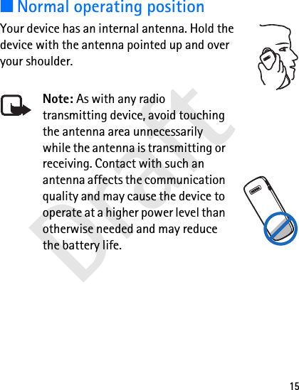 Draft15■Normal operating positionYour device has an internal antenna. Hold the device with the antenna pointed up and over your shoulder.Note: As with any radio transmitting device, avoid touching the antenna area unnecessarily while the antenna is transmitting or receiving. Contact with such an antenna affects the communication quality and may cause the device to operate at a higher power level than otherwise needed and may reduce the battery life.