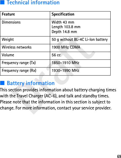 Draft69■Technical information■Battery informationThis section provides information about battery charging times with the Travel Charger (AC-6), and talk and standby times. Please note that the information in this section is subject to change. For more information, contact your service provider.Feature SpecificationDimensions Width 43 mmLength 103.8 mmDepth 14.8 mmWeight 50 g without BL-4C Li-Ion batteryWireless networks 1900 MHz CDMAVolume 56 ccFrequency range (Tx) 1850–1910 MHzFrequency range (Rx) 1930–1990 MHz