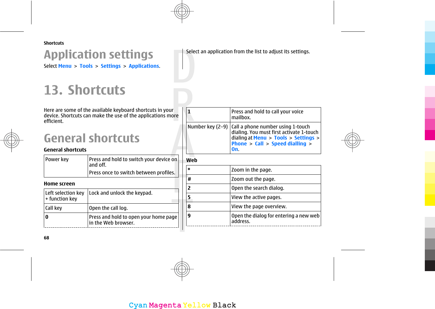 Application settingsSelect Menu &gt; Tools &gt; Settings &gt; Applications.Select an application from the list to adjust its settings.13. ShortcutsHere are some of the available keyboard shortcuts in yourdevice. Shortcuts can make the use of the applications moreefficient.General shortcutsGeneral shortcutsPower key Press and hold to switch your device onand off.Press once to switch between profiles.Home screenLeft selection key+ function keyLock and unlock the keypad.Call key Open the call log.0Press and hold to open your home pagein the Web browser.1Press and hold to call your voicemailbox.Number key (2–9) Call a phone number using 1-touchdialing. You must first activate 1-touchdialing at Menu &gt; Tools &gt; Settings &gt;Phone &gt; Call &gt; Speed dialling &gt;On.Web*Zoom in the page.#Zoom out the page.2Open the search dialog.5View the active pages.8View the page overview.9Open the dialog for entering a new webaddress.Shortcuts68CyanCyanMagentaMagentaYellowYellowBlackBlack