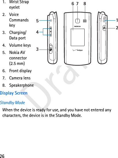 26Draft1. Wrist Strap eyelet2. Voice Commands key3. Charging/Data port 4. Volume keys5. Nokia AV connector (2.5 mm)6. Front display7. Camera lens8. Speakerphone Display ScreenStandby ModeWhen the device is ready for use, and you have not entered any characters, the device is in the Standby Mode. 1234567 8