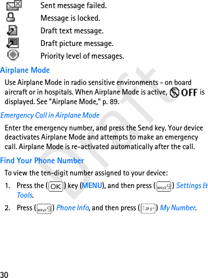 30DraftSent message failed.Message is locked.Draft text message.Draft picture message.Priority level of messages.Airplane ModeUse Airplane Mode in radio sensitive environments - on board aircraft or in hospitals. When Airplane Mode is active,   is displayed. See &quot;Airplane Mode,&quot; p. 89.Emergency Call in Airplane ModeEnter the emergency number, and press the Send key. Your device deactivates Airplane Mode and attempts to make an emergency call. Airplane Mode is re-activated automatically after the call.Find Your Phone NumberTo view the ten-digit number assigned to your device:1. Press the ( ) key (MENU), and then press ( ) Settings &amp; Tools.2. Press ( ) Phone Info, and then press ( ) My Number. 
