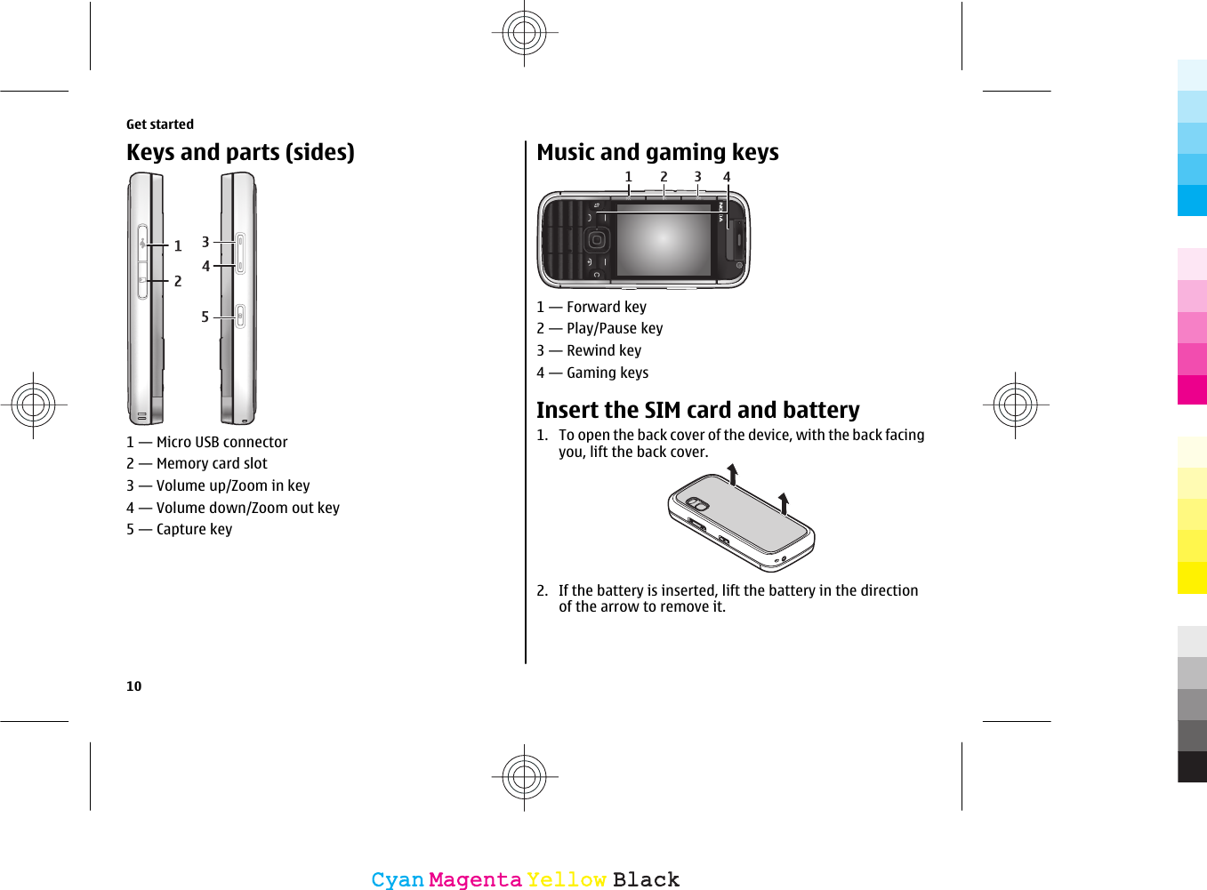 Keys and parts (sides)1 — Micro USB connector2 — Memory card slot3 — Volume up/Zoom in key4 — Volume down/Zoom out key5 — Capture keyMusic and gaming keys1 — Forward key2 — Play/Pause key3 — Rewind key4 — Gaming keysInsert the SIM card and battery1. To open the back cover of the device, with the back facingyou, lift the back cover.2. If the battery is inserted, lift the battery in the directionof the arrow to remove it.Get started10CyanCyanMagentaMagentaYellowYellowBlackBlack