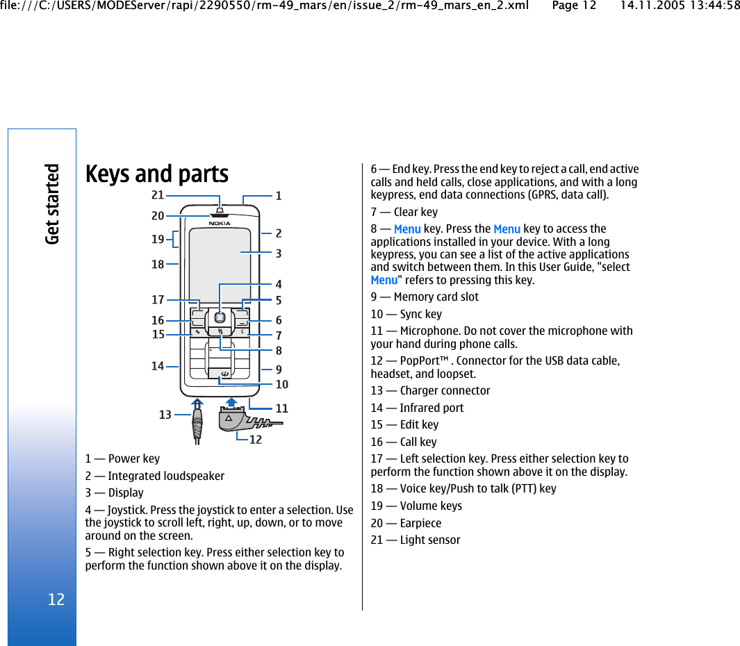 Keys and parts1 — Power key2 — Integrated loudspeaker3 — Display4 — Joystick. Press the joystick to enter a selection. Usethe joystick to scroll left, right, up, down, or to movearound on the screen.5 — Right selection key. Press either selection key toperform the function shown above it on the display.6 — End key. Press the end key to reject a call, end activecalls and held calls, close applications, and with a longkeypress, end data connections (GPRS, data call).7 — Clear key8 — Menu key. Press the Menu key to access theapplications installed in your device. With a longkeypress, you can see a list of the active applicationsand switch between them. In this User Guide, &quot;selectMenu&quot; refers to pressing this key.9 — Memory card slot10 — Sync key11 — Microphone. Do not cover the microphone withyour hand during phone calls.12 — PopPort™ . Connector for the USB data cable,headset, and loopset.13 — Charger connector14 — Infrared port15 — Edit key16 — Call key17 — Left selection key. Press either selection key toperform the function shown above it on the display.18 — Voice key/Push to talk (PTT) key19 — Volume keys20 — Earpiece21 — Light sensor12Get startedfile:///C:/USERS/MODEServer/rapi/2290550/rm-49_mars/en/issue_2/rm-49_mars_en_2.xml Page 12 14.11.2005 13:44:58file:///C:/USERS/MODEServer/rapi/2290550/rm-49_mars/en/issue_2/rm-49_mars_en_2.xml Page 12 14.11.2005 13:44:58