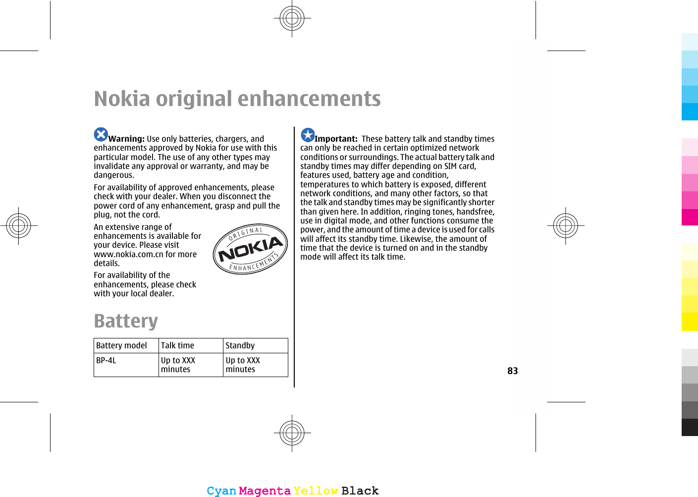 Nokia original enhancementsWarning: Use only batteries, chargers, andenhancements approved by Nokia for use with thisparticular model. The use of any other types mayinvalidate any approval or warranty, and may bedangerous.For availability of approved enhancements, pleasecheck with your dealer. When you disconnect thepower cord of any enhancement, grasp and pull theplug, not the cord.An extensive range ofenhancements is available foryour device. Please visitwww.nokia.com.cn for moredetails.For availability of theenhancements, please checkwith your local dealer.BatteryBattery model Talk time StandbyBP-4L Up to XXXminutesUp to XXXminutesImportant:  These battery talk and standby timescan only be reached in certain optimized networkconditions or surroundings. The actual battery talk andstandby times may differ depending on SIM card,features used, battery age and condition,temperatures to which battery is exposed, differentnetwork conditions, and many other factors, so thatthe talk and standby times may be significantly shorterthan given here. In addition, ringing tones, handsfree,use in digital mode, and other functions consume thepower, and the amount of time a device is used for callswill affect its standby time. Likewise, the amount oftime that the device is turned on and in the standbymode will affect its talk time.83CyanCyanMagentaMagentaYellowYellowBlackBlackCyanCyanMagentaMagentaYellowYellowBlackBlack