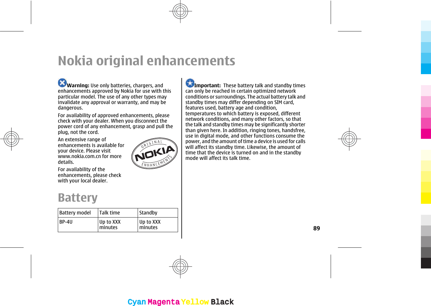 Nokia original enhancementsWarning: Use only batteries, chargers, andenhancements approved by Nokia for use with thisparticular model. The use of any other types mayinvalidate any approval or warranty, and may bedangerous.For availability of approved enhancements, pleasecheck with your dealer. When you disconnect thepower cord of any enhancement, grasp and pull theplug, not the cord.An extensive range ofenhancements is available foryour device. Please visitwww.nokia.com.cn for moredetails.For availability of theenhancements, please checkwith your local dealer.BatteryBattery model Talk time StandbyBP-4U Up to XXXminutesUp to XXXminutesImportant:  These battery talk and standby timescan only be reached in certain optimized networkconditions or surroundings. The actual battery talk andstandby times may differ depending on SIM card,features used, battery age and condition,temperatures to which battery is exposed, differentnetwork conditions, and many other factors, so thatthe talk and standby times may be significantly shorterthan given here. In addition, ringing tones, handsfree,use in digital mode, and other functions consume thepower, and the amount of time a device is used for callswill affect its standby time. Likewise, the amount oftime that the device is turned on and in the standbymode will affect its talk time.89CyanCyanMagentaMagentaYellowYellowBlackBlackCyanCyanMagentaMagentaYellowYellowBlackBlack