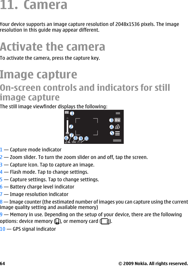 11. CameraYour device supports an image capture resolution of 2048x1536 pixels. The imageresolution in this guide may appear different.Activate the cameraTo activate the camera, press the capture key.Image captureOn-screen controls and indicators for stillimage captureThe still image viewfinder displays the following:1 — Capture mode indicator2 — Zoom slider. To turn the zoom slider on and off, tap the screen.3 — Capture icon. Tap to capture an image.4 — Flash mode. Tap to change settings.5 — Capture settings. Tap to change settings.6 — Battery charge level indicator7 — Image resolution indicator8 — Image counter (the estimated number of images you can capture using the currentimage quality setting and available memory)9 — Memory in use. Depending on the setup of your device, there are the followingoptions: device memory ( ), or memory card ( ).10 — GPS signal indicator© 2009 Nokia. All rights reserved.64