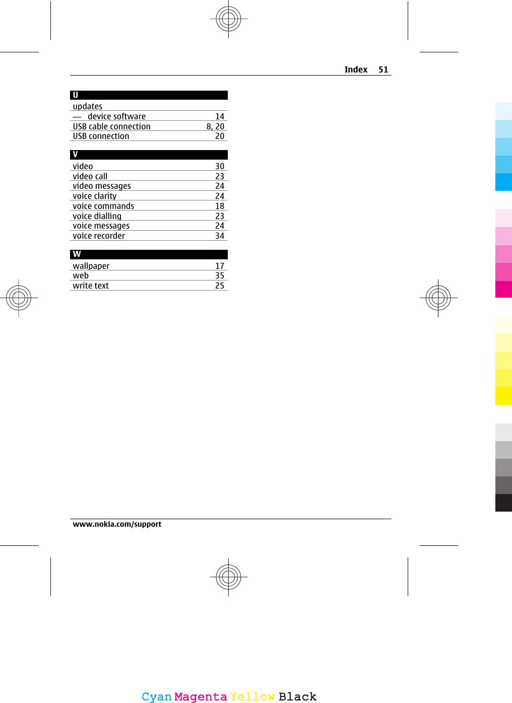 Uupdates—  device software 14USB cable connection 8, 20USB connection 20Vvideo 30video call 23video messages 24voice clarity 24voice commands 18voice dialling 23voice messages 24voice recorder 34Wwallpaper 17web 35write text 25Index 51www.nokia.com/supportCyanCyanMagentaMagentaYellowYellowBlackBlack